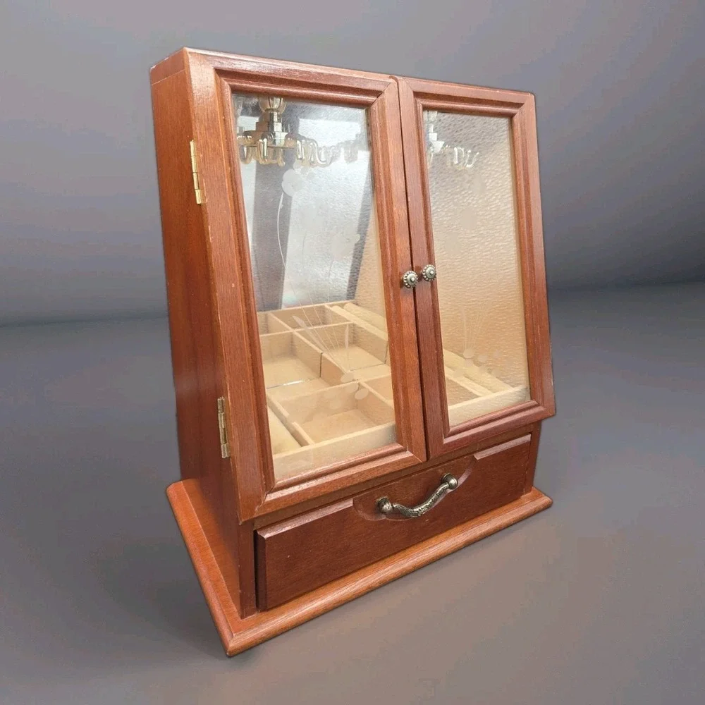 Vintage Wooden Jewelry Box Armoire Etched Glass Doors Rotating Carousel Mirror